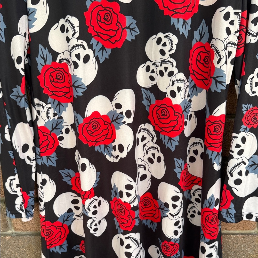 Ruiyige Black Halloween Skull and Roses Print Long Sleeve Dress XL - Picture 3 of 7